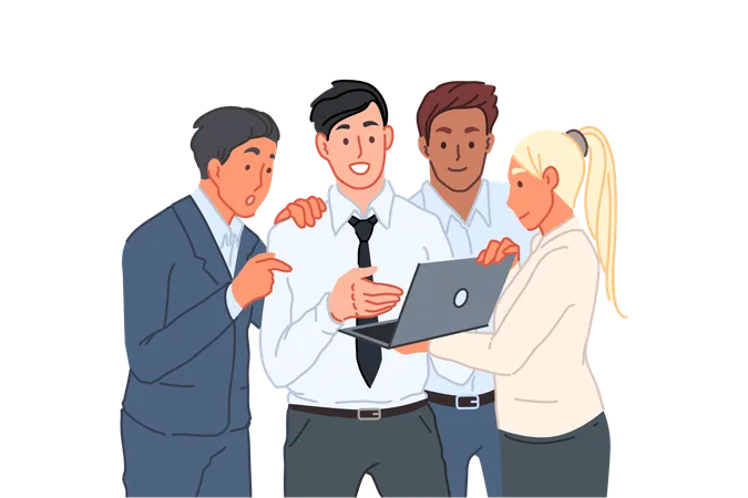 Business Project Presentation Idea Sharing Personnel Cooperation Teamwork Concept Planning Department Staff Businesspeople With Laptop Executive And Subordinates Simple Flat Vector Illustration