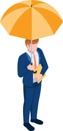 Flat 3 D Isometric Businessman With Umbrella And Document File In His Hand Business Protection And Insurance Agent Concept Illustration