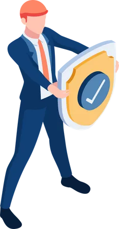 Flat 3 D Isometric Businessman Is Holding A Shield With Check Mark Business Protection Security And Insurance Concept Illustration