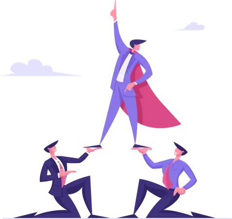 Business Pyramid Concept Successful Manager Or Businessman Wearing Super Hero Cloak Stand On Top With Finger Pointing Up To Sky Corporate Leadership And Team Work Cartoon Flat Vector Illustration Illustration