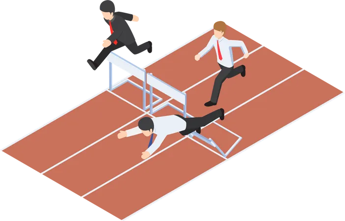 Flat 3 D Isometric Businessman Running With Obstacle In Hurdle Race Business Competition Concept Illustration