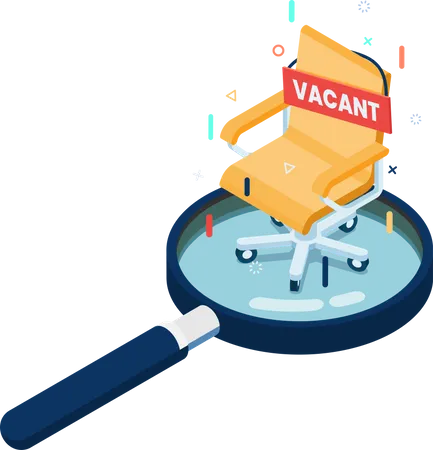 Flat 3 D Isometric Vacant Sign With Empty Office Chair On Magnifying Glass Business Recruiting And Job Vacancy Concept Illustration
