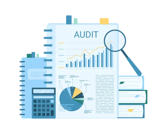 Business Report Analysis And Audit Vector Illustration Cartoon Isolated Many Paper Documents In Folders Chart Information For Data Investigation With Magnifier Research And Analytics Of Accountant 일러스트레이션