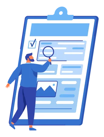 Reading Report Survey Concept Man With Magnifying Glass Looking For Information In Text Document Employee Analyzes Term Of Contract Analysis Data Launch Of New Business Project Check Startup Data Illustration