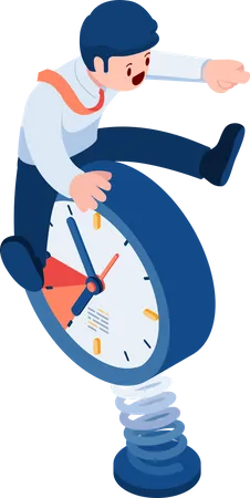Flat 3 D Isometric Business Riding On Clock With Spring Time Management Concept Illustration