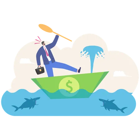 Businessman Sitting In A Leaking Money Banknote Boat Illustration Vector Cartoon Illustration