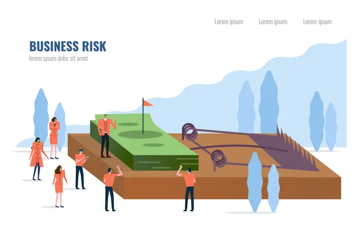 Business risk concept, People stand around money on a mouse trap.  Illustration