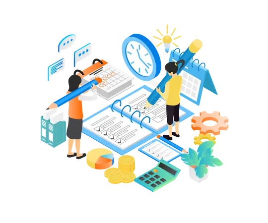 Isometric Style Illustration Of Business Planning Schedule With Characters And Date Illustration