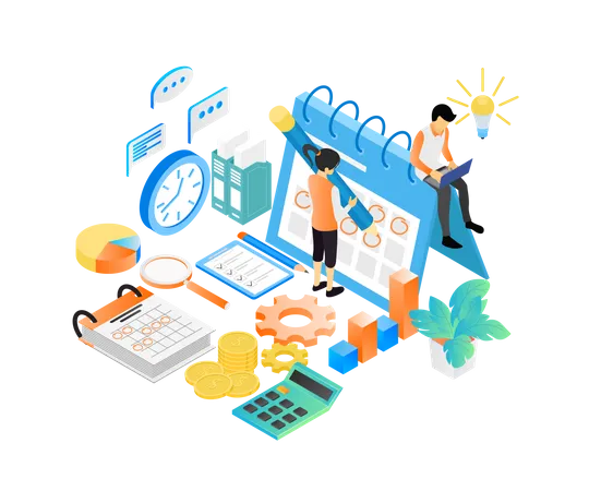 Isometric Style Illustration Of Business Planning Schedule With Characters And Date Illustration