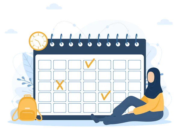 Month Planning Or To Do List Concept Islamic Woman In Hijab Sitting Near Giant Calendar Task Scheduling Work Process Organization Vector Illustration In Flat Cartoon Style Illustration