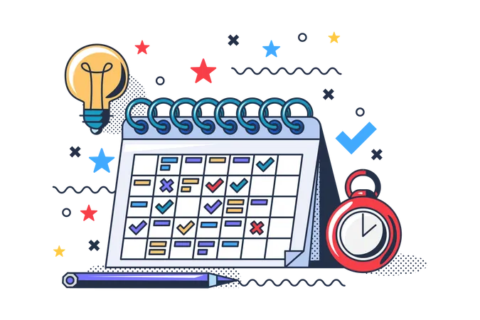 Business Planner Accessory For Plan Task Vector Calendar And Pen For Note Idea And Controlling Goal Achievement Time And Deadline Project Planning Stationery Tool Flat Cartoon Illustration イラスト