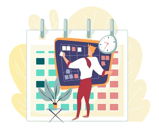 Male Employee With A Tie On His Shoulder Glue A Sheet Of Paper Onto The Board With Stickers Next To The Clock The Schedule Is Behind The Board The Flower Pot Is On The Table Next To The Man Illustration
