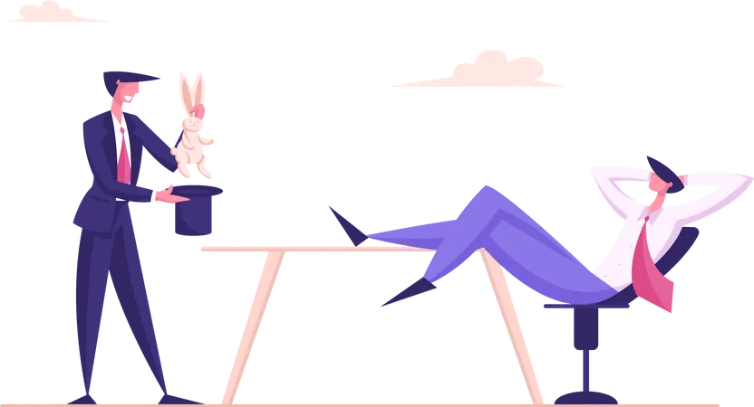 Businessman Perform Entertainment Trick Pull Rabbit Out Of Cylinder Hat Demonstrate Business Skills To Relaxed Entrepreneur Investor Sitting On Chair With Legs On Desk Cartoon Flat Vector Illustration Illustration