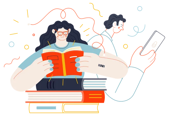 Business Topics Advance Training Education Skill Development Flat Style Modern Outlined Vector Concept Illustration Man And Woman Reading Books Business Metaphor イラスト
