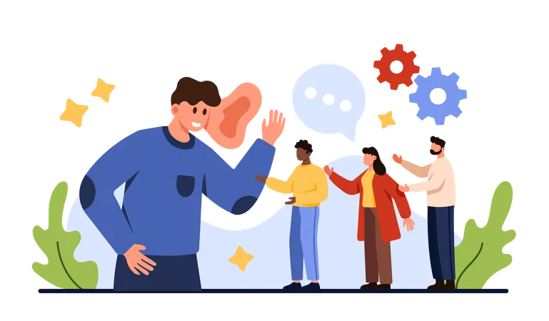 Business Skill To Listen To Opinions Suggestions And Advices Big Boss Or Manager With Giant Ear Hearing Voice Of Tiny Employees On Meeting Manager Talking With Customers Cartoon Vector Illustration Illustration