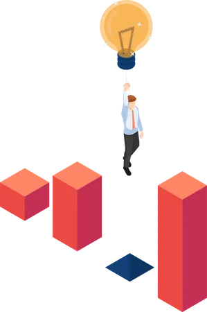 Flat 3 D Isometric Businessman Use Lightbulb Balloon To Flying Over Chart Gap Business Solution And Creativity Concept Illustration