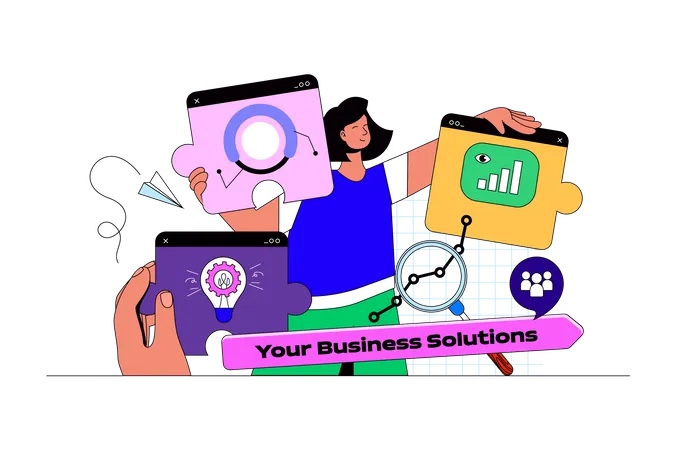 Business Solution Web Concept With Character Scene Woman Working With Projects Brainstorming Implements Innovation People Situation In Flat Design Vector Illustration For Marketing Material Illustration