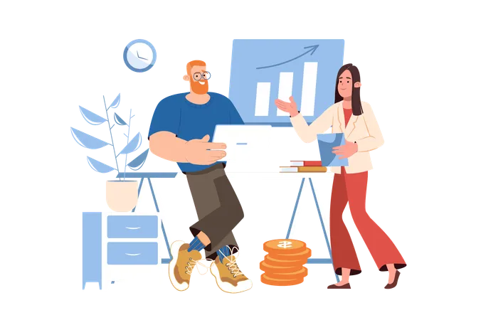 Investment In Business Blue Concept With People Scene In The Flat Cartoon Design Illustration