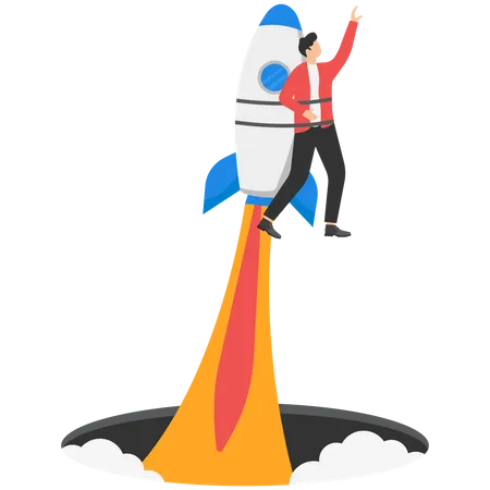 Businessman Coming Out Of Hole Using Rocket Business Growth Business Start Up Idea Illustration
