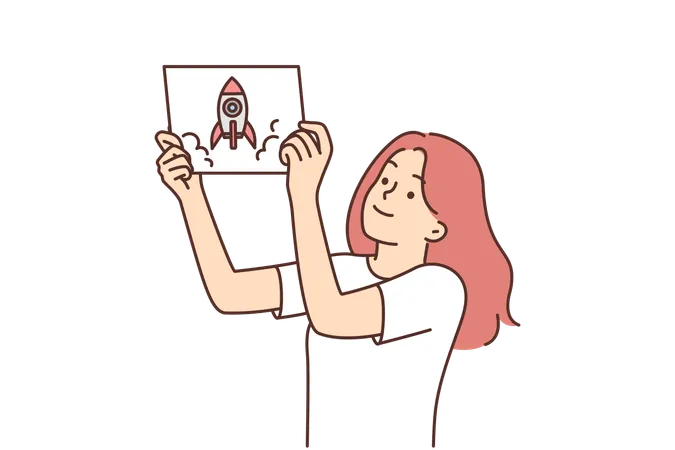 Girl Demonstrates Drawing Of Spaceship Or Rocket Taking Off And Dreams Of Becoming Woman Astronaut Schoolgirl Shows Picture Of Spaceship Symbolizing Growth And Development In Education Or Career Illustration