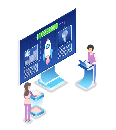 Business Startup Vector Man And Woman Working In Pair People With Laptop And Information On Screen Isometric 3 D Professional Launching Rocket Isolated Illustration
