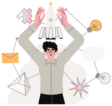 Young Man Starting New Business Or Launching Educational Project Small Business Or Company Foundation Character Hold Spaceship Connected To Different Abstract Shapes And Elements Creative Banner Illustration
