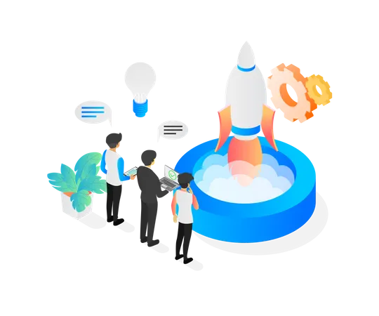 Isometric Style Illustration About Business App Startup With Rocket Launch Illustration