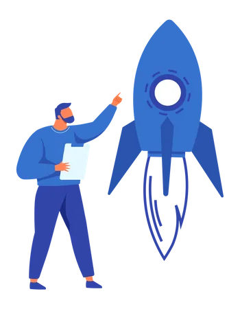 Financial Assets And Rocket With Ready To Be Launched Launching New Startup Creating Project Man Standing Near Spaceship Rocket As Symbol Of Startup Creative Idea Business Project Concept Illustration