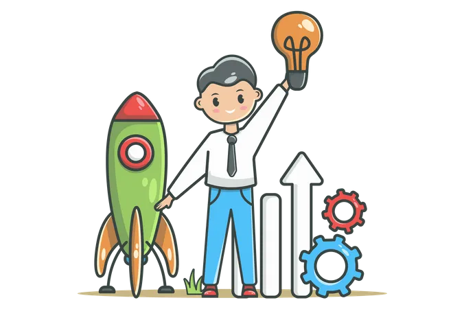 Startup Business Concept In Flat Line Design Launch New Project Color Outline Scene Businessman Holding Lightbulb While Standing Near Rocket Graphs And Gears Vector Illustration With Web Icon Illustration