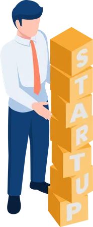 Flat 3 D Isometric Businessman Arranging Blocks With The Word STARTUP Business Startup Concept Illustration