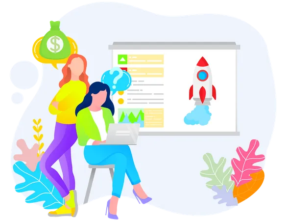 Women Colleagues Accounting And Communicating With Laptop Businesswoman Strategy In Business Startup Web Window With Spaceship And Currency Bag Symbol Teamwork Professional Technology Vector Illustration