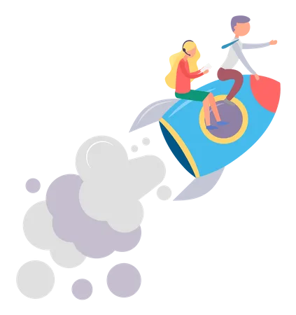 Launch Of Rocket With Man And Woman Sitting On It Boss And His Manager Flying To Space Of New Opportunity For Business Shuttle For Cosmos Travels And Exploration Vector New Start Up Idea Illustration