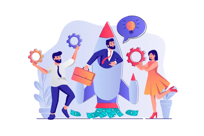 Business Startup Concept With People Scene Man And Woman Colleagues Start New Business Investing And Develop Success Project Together Vector Illustration With Characters In Flat Design For Web Illustration