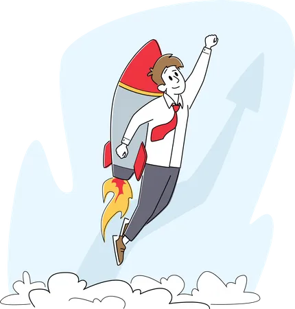 Business Startup Career Boost And Growth Concept Cheerful Businessman Flying Off With Jet Pack Office Worker Character Flying Up By Rocket On Back Start Up Take Off Linear Vector Illustration Illustration