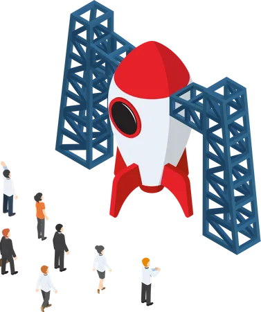 Flat 3 D Isometric Businessman Looking At Space Shuttle Start Up Business Concept Illustration