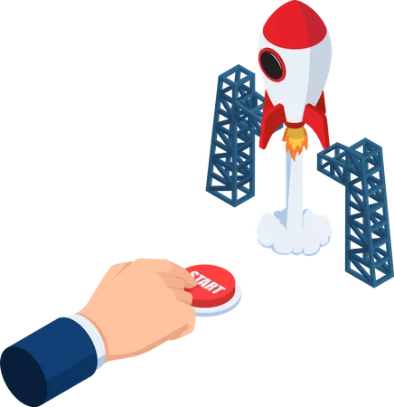 Flat 3 D Isometric Businessman Hand Presses Start Button To Launches A Space Rocket Business Start Up Concept Illustration