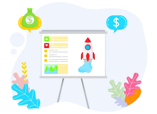 Board With Icon Of Rocket And Information And Charts Presentation Of Product Business Strategy Planning Meeting Or Appointment Colorful Leaves And Money Bag With Dollar Sign Vector Illustration Illustration