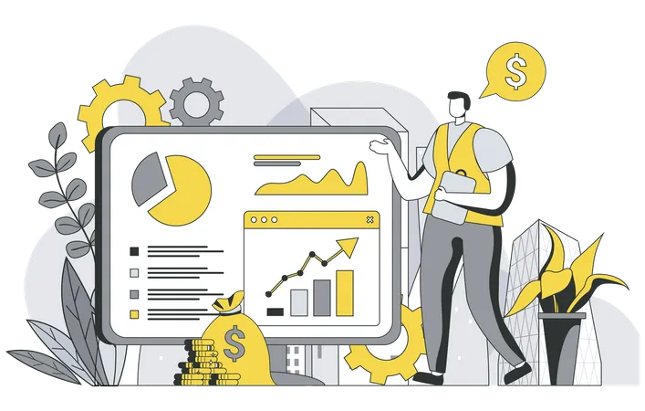 Business Statistic Concept With Outline People Scene Man Analyzes Data And Financial Report Shows Presentation And Does Market Research Vector Illustration In Flat Line Design For Web Template Illustration