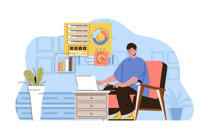 Work From Home Concept Employee Works Online Freelance At Home Office Situation Comfortable Remote Workplace People Scene Vector Illustration With Flat Character Design For Website And Mobile Site Illustration