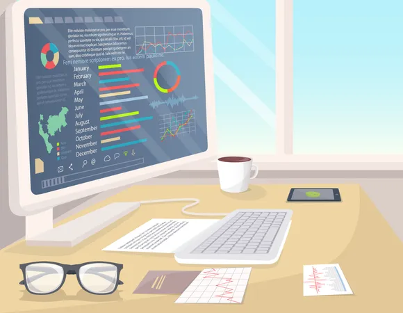 Business Statistics On White PC Bright Office Vector Illustration Of Analytics Information Visualized In Infographics Coffee Cup And Glasses Illustration