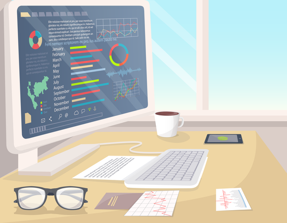 Business Statistics on White PC in Bright Office  Illustration