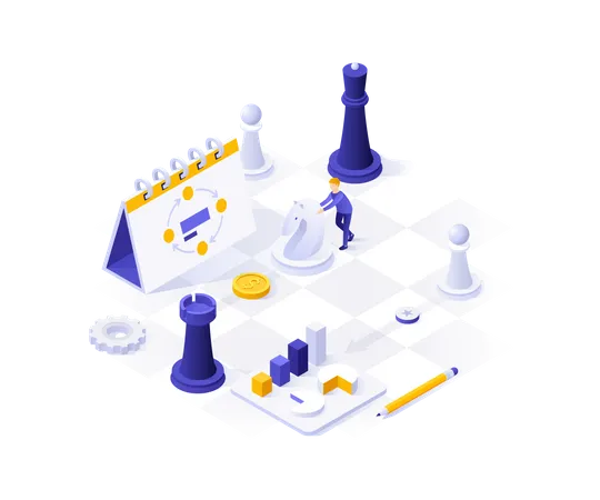 Landing Page Template With Man Playing Chess On Giant Board With Planner And Charts On It Concept Of Effective Business Strategy Strategic Planning Scheduling Modern Isometric Vector Illustration Illustration