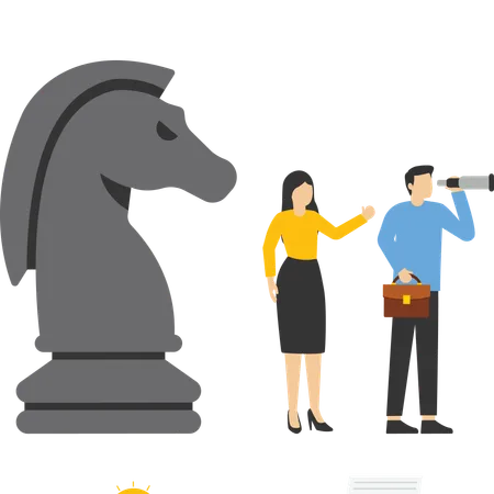 Business Strategy Leadership And Skill To Solve Business Problem Smart Businessman Leader Pointing The Direction With His Colleague Thinking And Knight Chess Illustration