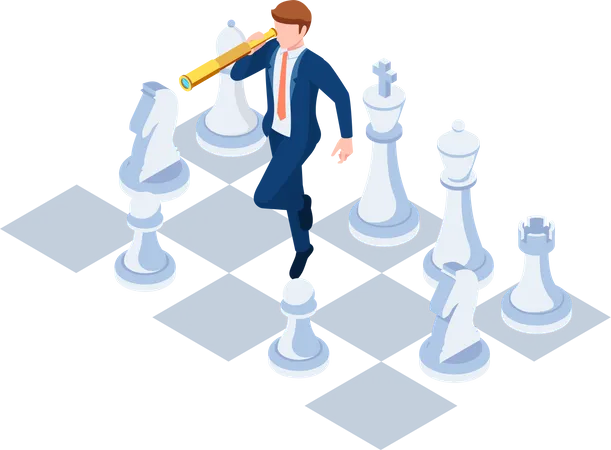 Flat 3 D Isometric Businessman Using Telescope And Standing On Chess Board Business Strategy And Vision Concept Illustration