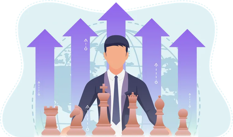 Businessman With Chess Piece And Growth Financial Arrow Business Strategy And Leadership Concept Illustration