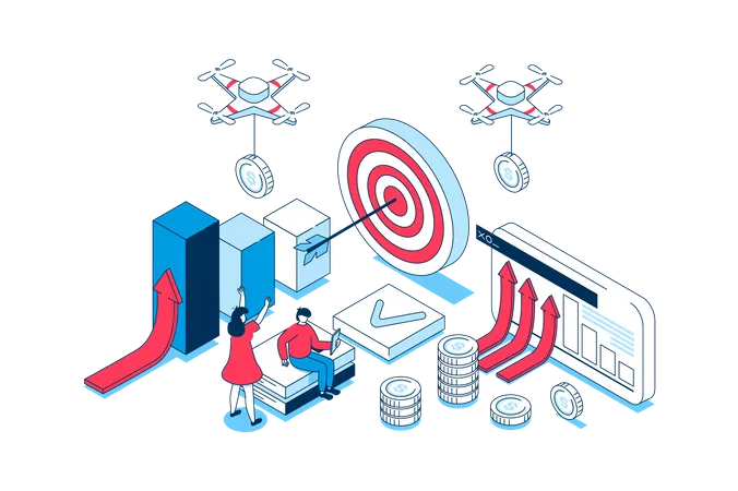 Business Strategy Concept In 3 D Isometric Design People Analyzing Data Planning Work Tasks Setting And Achieving Goals Developing Company Vector Illustration With Isometry Scene For Web Graphic Illustration