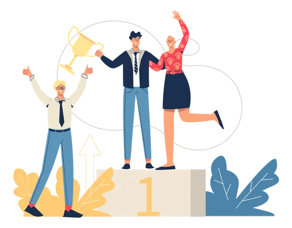 Business Success Web Concept Employees Celebrate Victory Reach First Place And Receive Trophy Teamwork Achievement Of Goals Minimal People Scene Vector Illustration In Flat Design For Website Illustration