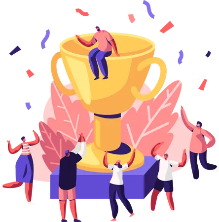 Cheerful People Laughing With Hands Up Around Of Huge Gold Cup With Man Sitting On Top Employees Rejoice For New Project Success Win Joyful Colleagues Celebrating Cartoon Flat Vector Illustration Illustration