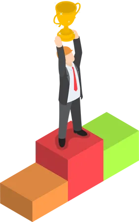 Isometric Businessman Standing On Pedestal And Holding Trophy Business Success Winner Concept VECTOR EPS 10 Illustration