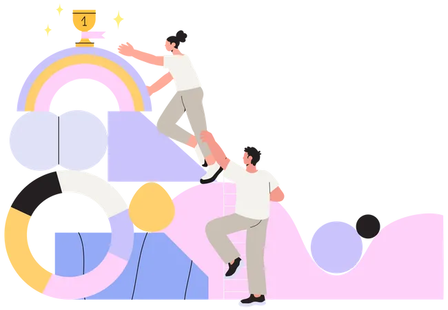 People Climbing Abstract Mountain And Trying To Rich First Place Or Golden Trophy Cup Concept Of Business Success Reach New Hights Leadership Career Achievements Through Teamwork And Cooperation Illustration